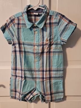 GAP Light Blue Plaid Button-Front Short Romper